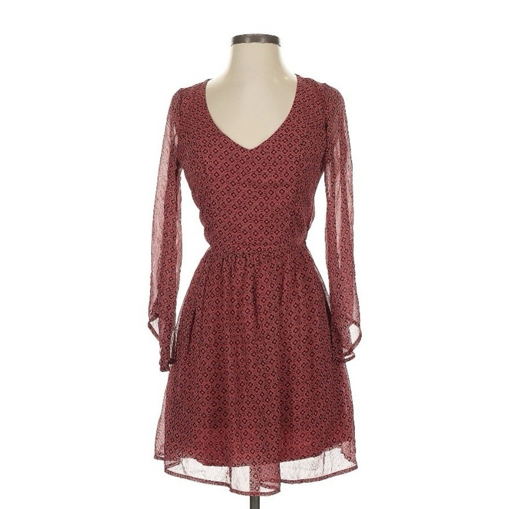 Y2K Hollister Burgundy Floral Dress Cut Out Long Sleeve Dress Size S- Excellent